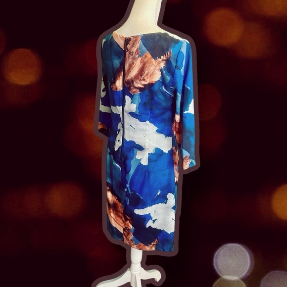 NWOT Vince Camuto Blue & Copper Abstract Watercolor Print Pleated Shift Dress 8 - Picture 9 of 15